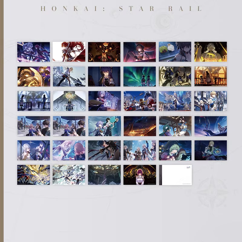 Each postcard is crafted in a two-dimensional anime style, showcasing a variety of characters from the game with unique features.