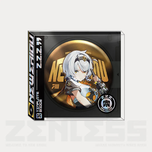 75mm tinplate pin from the Unknown Faction, featuring polarizing glitter pad paper for a shimmering effect. Packaged in a PVC box with a back card.