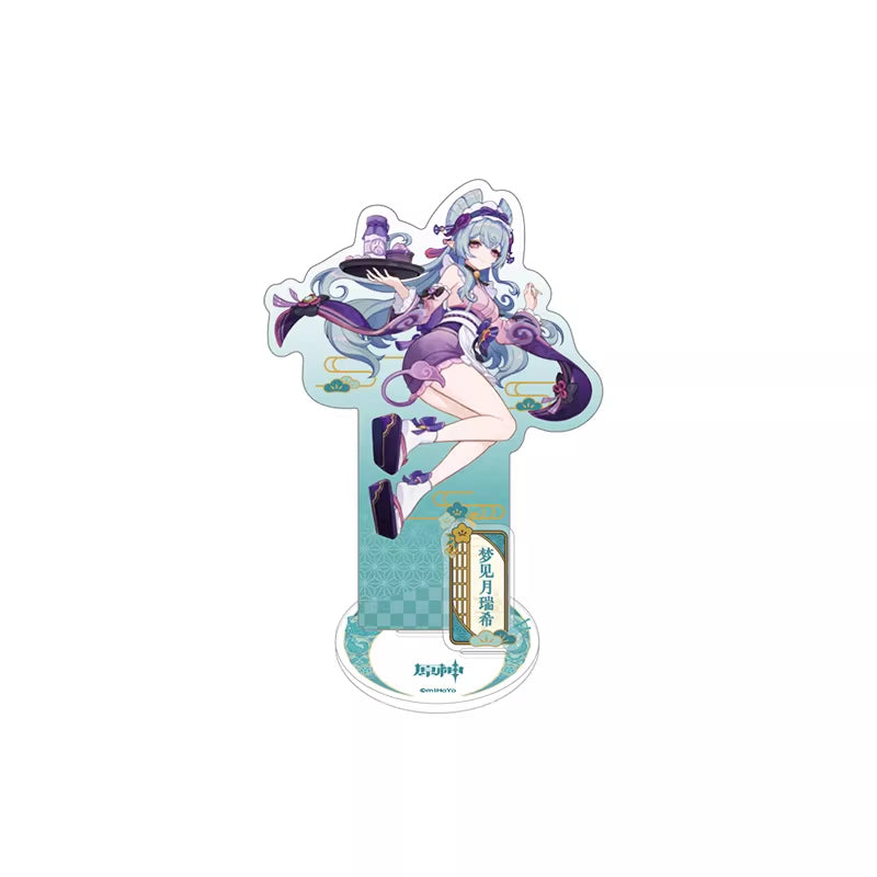 The main subject is a female character with blue hair, dressed in attire that blends traditional styles, holding a tray, with a lively posture.