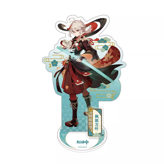 Kaedehara Kazuha is dressed in attire that blends Japanese style, primarily in red and black tones with exquisite patterns. He holds a sword that glows blue, exuding a heroic demeanor.