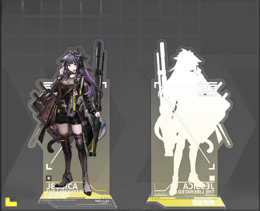 Acrylic stand of operator Jessica the Blaze, showing both the detailed full-color artwork and the transparent silhouette against a dark gray geometric background, with a yellow and black display base.