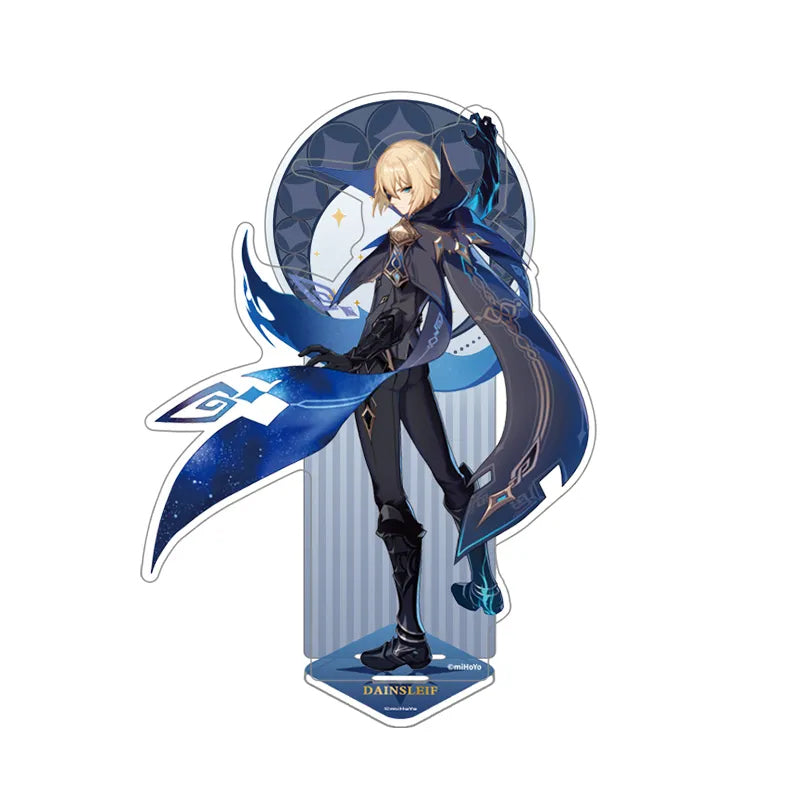 Genshin Impact Dainsleif acrylic stand, featuring the mysterious Khaenri'ahn swordsman in his signature black and blue attire with a flowing, star-patterned cloak.