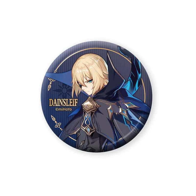 A circular anime pin featuring Dainsleif from Genshin Impact. It showcases the character’s official art with blonde hair and a dark cloak, set against a deep navy background with fine striped textures. The name DAINSLEIF is printed in bold gold lettering, giving the pin a sleek, mysterious aesthetic.