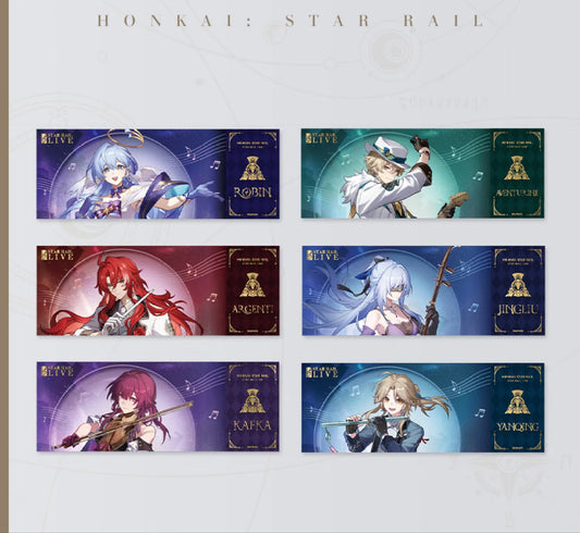Honkai: Star Rail LIVE series laser collectible tickets, featuring six vibrant anime-style character designs with musical themes