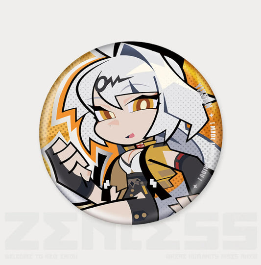 This is a circular tinplate badge featuring a chibi-style female character with white hair, orange eyes, and a black and yellow outfit. The background has an orange and black graphic design with dotted patterns, and the character's name “YIXUAN” is printed along the edge.