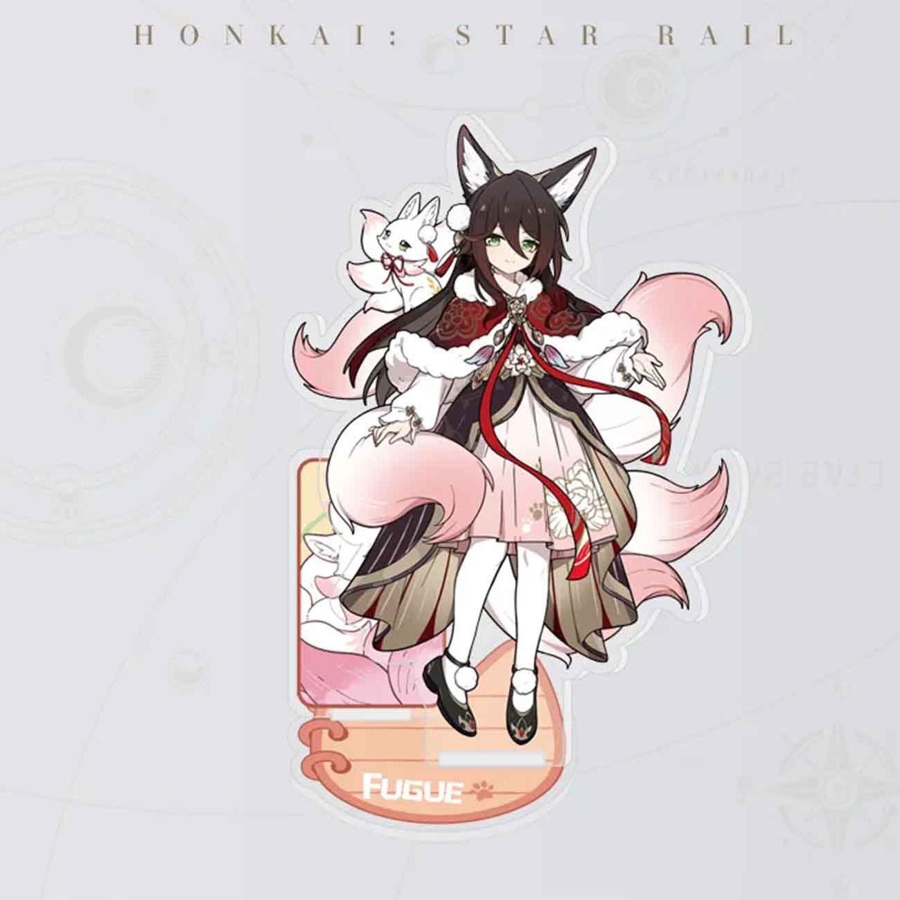 This is an acrylic stand of Fugue from Honkai: Star Rail, featuring her in a soft, pink-toned traditional outfit with a white fox familiar perched on her tail. The stand has an orange base and a side panel with a gentle, floral illustration.
