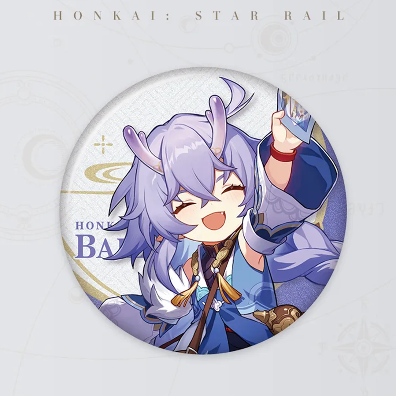 The Bailu badge is displayed against a light grey background. It features her joyful, waving pose, purple dragon-horn hair, and "BAILU" text in purple, with a glittering finish that makes her design pop.