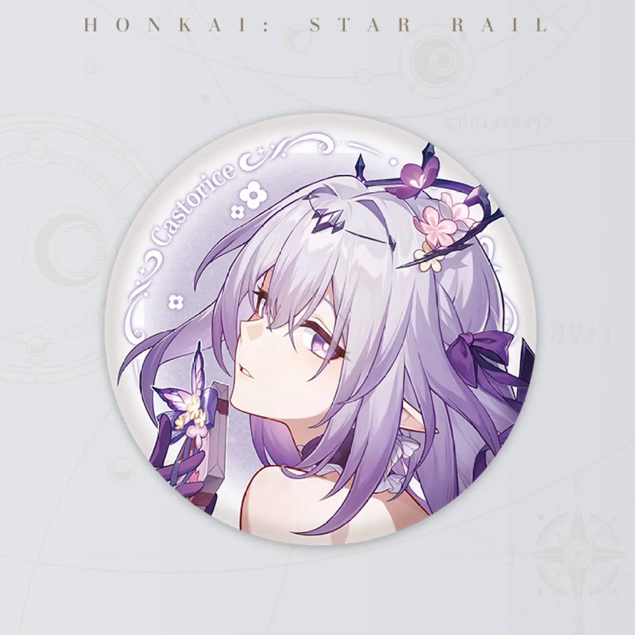 Featuring Castorice from Honkai: Star Rail, this 58mm tinplate badge displays her delicate purple hair adorned with flowers and butterflies, against a soft lavender border.