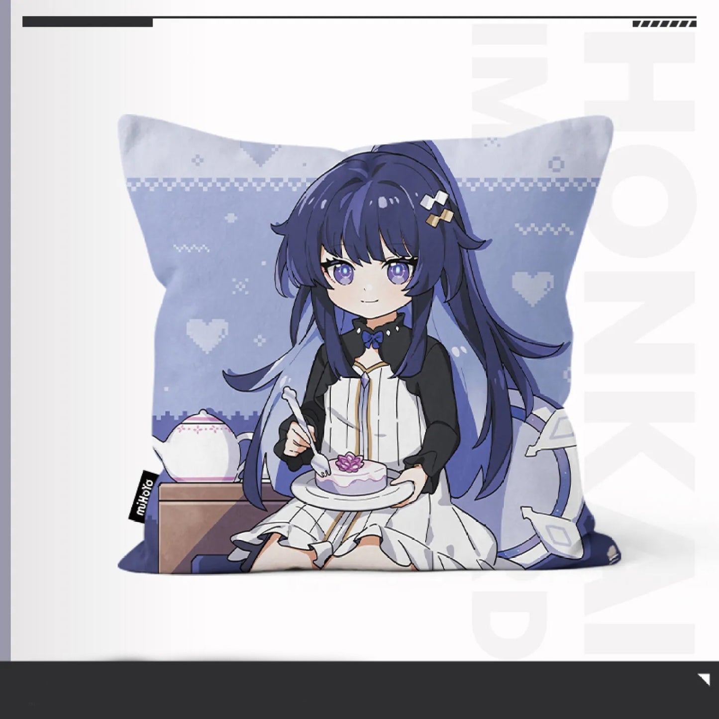 Honkai Impact 3rd Little Herrscher Series hug pillow, featuring chibi Herrscher of the End enjoying a slice of cake with a teapot on a light blue pixel art background, made of polyester, collectible for fans.