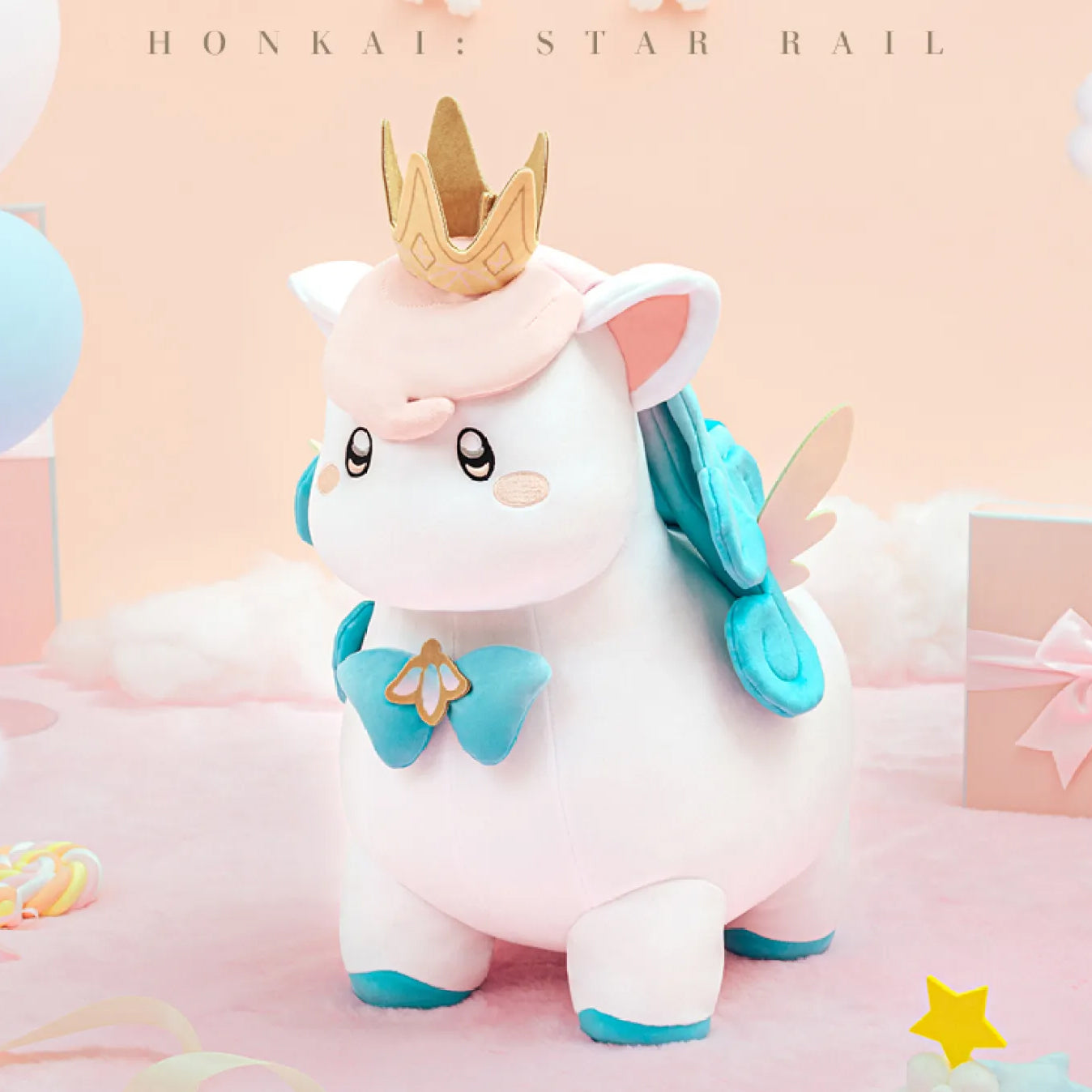 Little Lca plush toy from Honkai: Star Rail, unicorn-shaped with golden crown, pink mane, blue bow tie and wings, soft polyester material, perfect as a birthday gift.