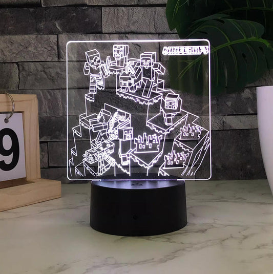 Minecraft Map Minifigure 3D Night Light (Black Base, Touch Control). Features iconic pixelated characters in a heart shape. Cycle through 7 colors to create a cozy, gamer-friendly ambiance.