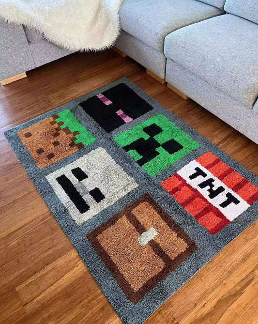 Minecraft pixel art faux wool rug, featuring iconic mobs and blocks like Creeper and TNT. Soft, plush texture adds a cozy, game-inspired vibe to your living room.