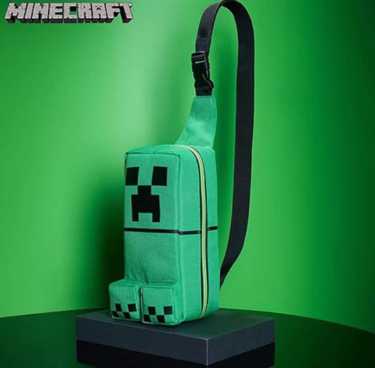 Minecraft Creeper sling bag displayed on a black stand against a green backdrop. Its iconic pixel design brings the game’s Creeper to life in a functional bag.
