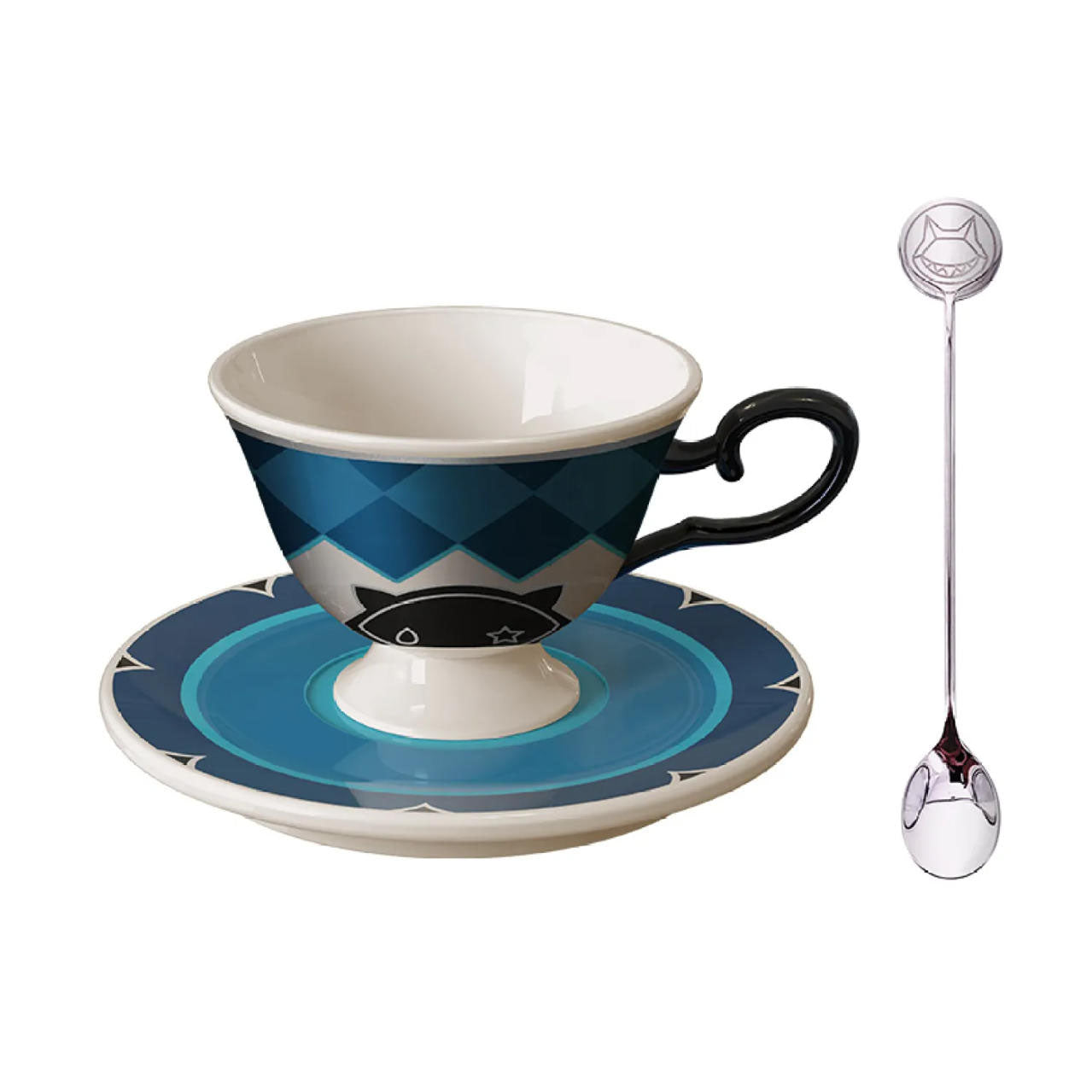 This afternoon tea set features a ceramic cup and saucer with Lynette’s signature black cat and blue argyle design, paired with a 304 stainless steel spoon topped with a cat face, perfect for magical tea time.