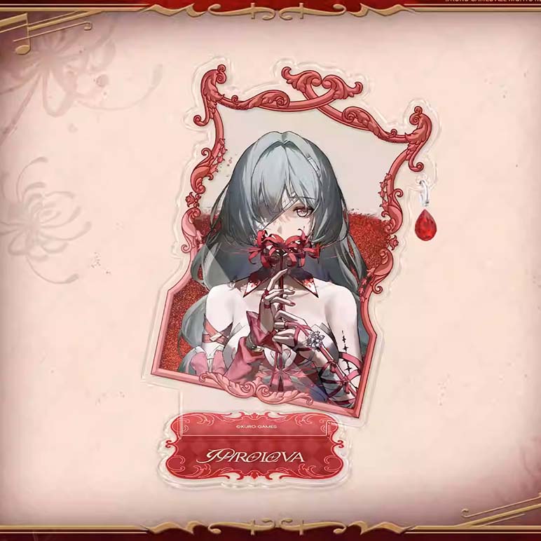 An acrylic stand featuring the character Prolova. It has an ornate red decorative frame, a glittery red background, a dangling teardrop charm, and a branded nameplate.