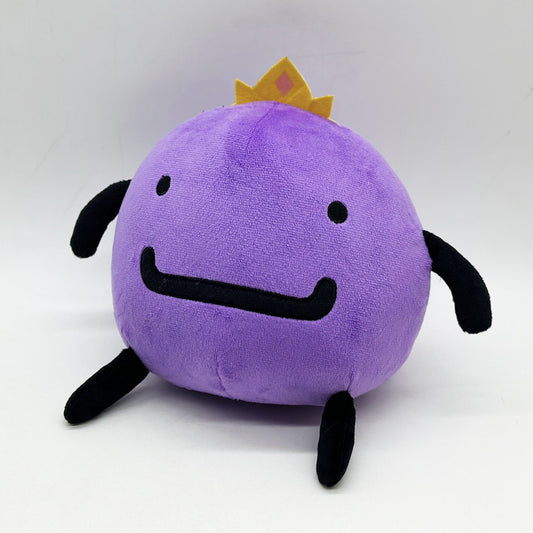 Minecraft Wemmbu plush doll front view, purple round character with stitched smile, small crown, soft PP cotton fabric