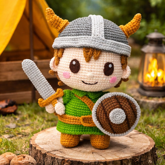 MMOGoods Little Warrior cotton yarn crochet doll, a handmade fantasy-themed collectible for MMO fans