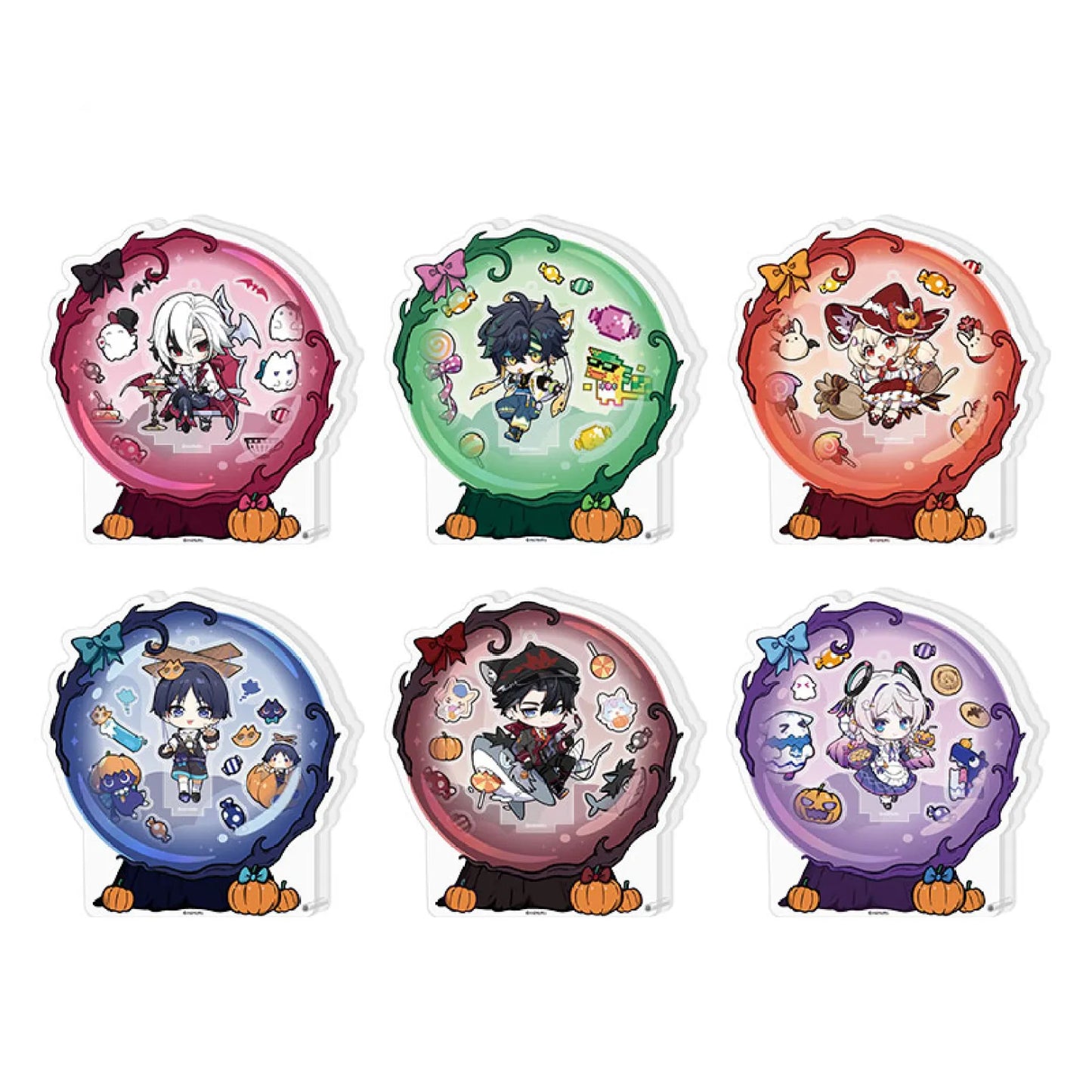 Set of six Night Reverie Series acrylic shaker stands, featuring chibi-style illustrations of Klee, Kinich, Sigewinne, Lyney, Arlecchino, and Wanderer in Halloween-themed designs. Each circular stand has a festive pumpkin base and a shakable glitter-filled frame with vibrant color schemes including pink, green, red, blue, burgundy, and purple.