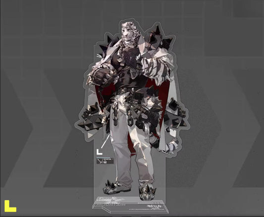 A detailed acrylic standee of Mountain, the formidable heavy operator, displaying his imposing, spiked armor and rugged, layered clothing. The figure stands firmly on a clear, geometric base, highlighting his powerful and commanding