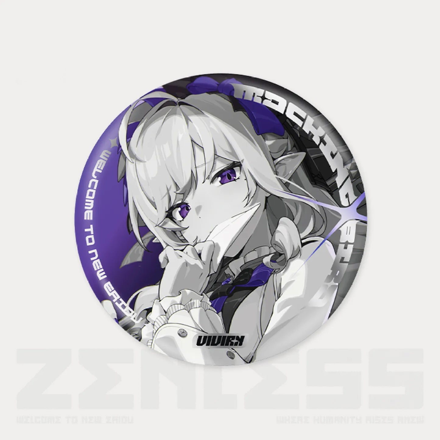 This reflective tinplate pin from the Zenless Zone Zero Movie Series Mockingbird collection features a stylish purple, black, and gray illustration of the character Vivian.