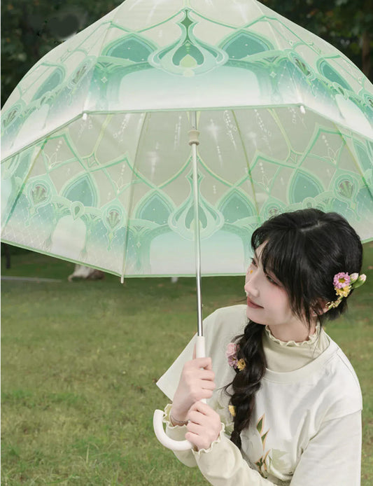 This Genshin Impact Nahida-themed clear umbrella features a delicate green pattern inspired by Dendro powers, offering both rain protection and a touch of Sumeru’s magical aesthetic.