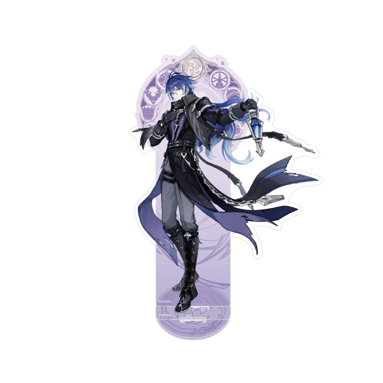 This is the Flins standee from the Nordic Kale theme series. He has long blue-black gradient hair, wears a dark-style outfit in black and purple, paired with a flowing cape and metal decorations, creating a mysterious and noble appearance. The standee features a light purple gradient background with retro patterns, made of acrylic with a fine glitter finish, measuring approximately 191×144mm (7.52×5.67 inches), presenting a luxurious and atmospheric visual effect.