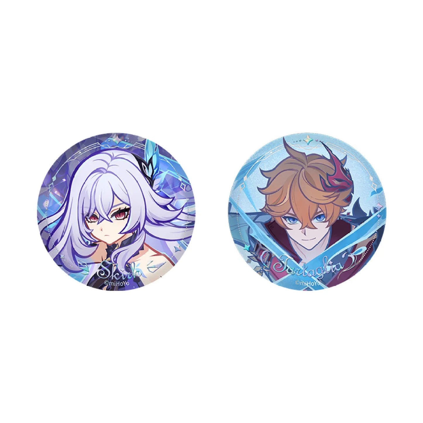 Two Genshin Impact Shadow Traveler Series pins featuring Skirk and Tartaglia in vibrant, detailed illustrations with holographic shattered glass effects, displayed on a light beige background.