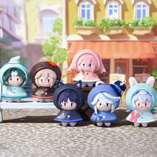 Genshin Impact Playing in the Rain Series Plush Keychain Dolls, full set of 6 characters on a city street, PU outerwear collectibles for fans.