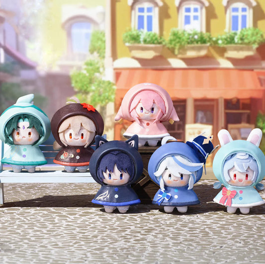 All 6 plush charms displayed on a European street: Xiao, Kazuha, Yae Miko, Wanderer, Furina, and Sigewinne, each in their uniquely designed raincoats.