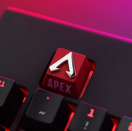Bright red zinc-aluminum alloy keycap with Apex Legends logo, compatible with MX stem mechanical keyboards, adding a bold gaming style to your setup.
