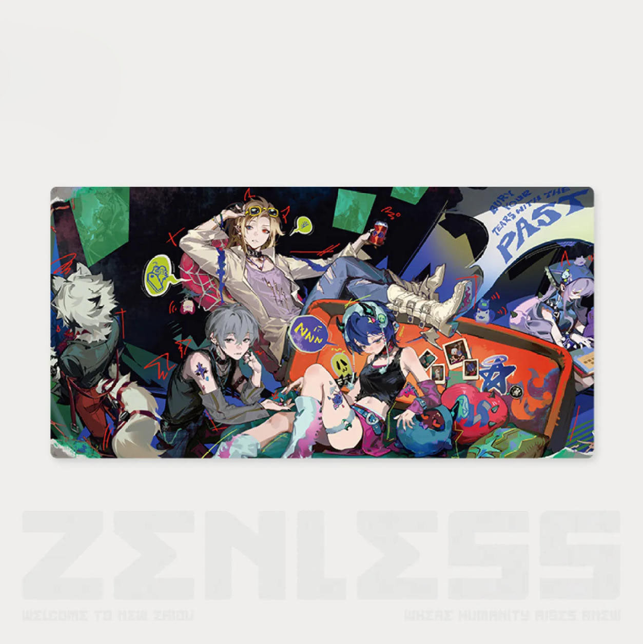 This Zenless Zone Zero mouse pad features a full-group illustration of characters in elegant ballroom attire, framed by ornate golden borders against a dramatic red and blue background, offering a smooth, large surface for your workspace.