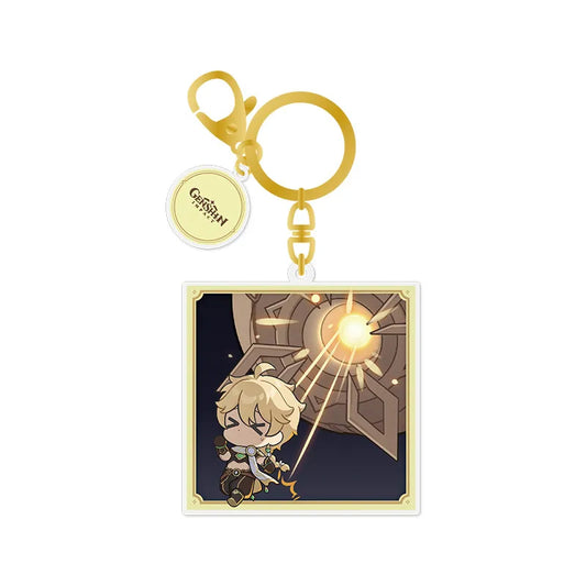 Chibi-style acrylic keychain featuring Traveler Aether, attached to a gold-toned lobster clasp and key ring with a golden circular logo tag. The square charm showcases the character in a dynamic pose with a glowing, mechanical backdrop, set against a plain light pink background.