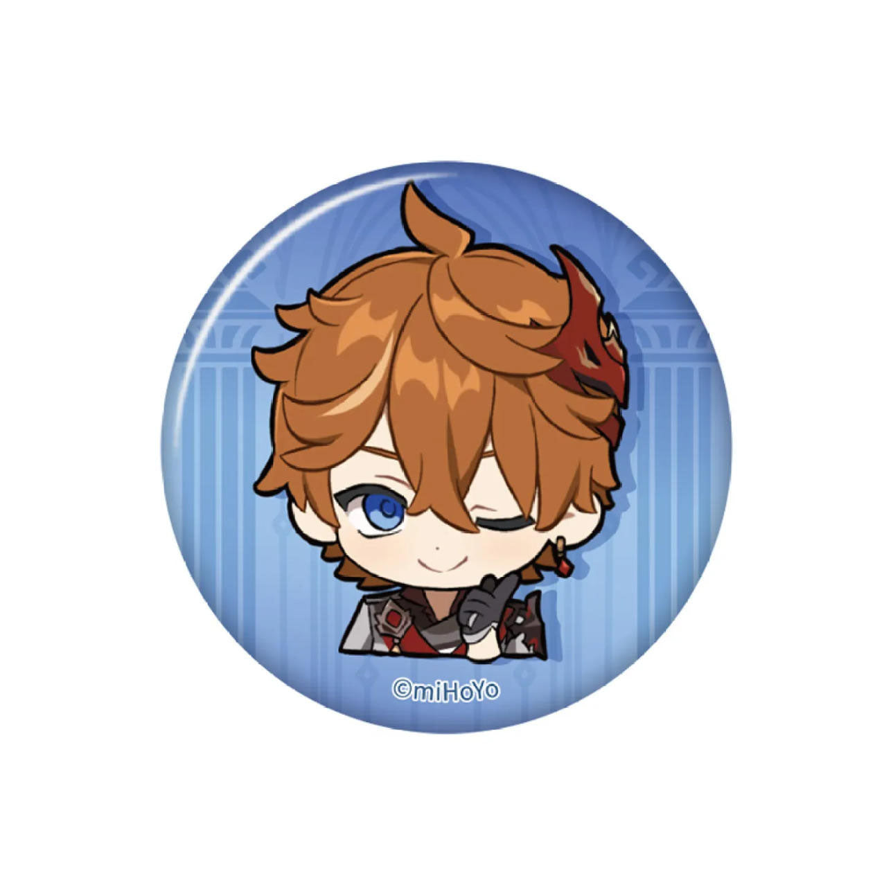 Genshin Impact Chibi Emoji Series Tartaglia badge (58mm). Made with PET + pearl paper for vibrant colors, capturing his playful wink. Durable tinplate for daily wear or collection.