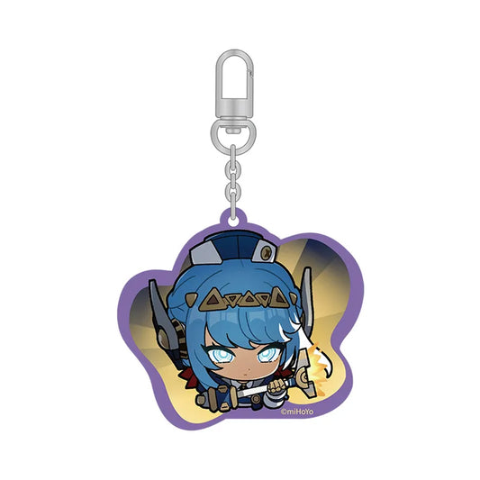 Chibi-style acrylic keychain featuring a blue-haired game character with a determined expression, framed by a purple die-cut border and attached to a metal lobster clasp.