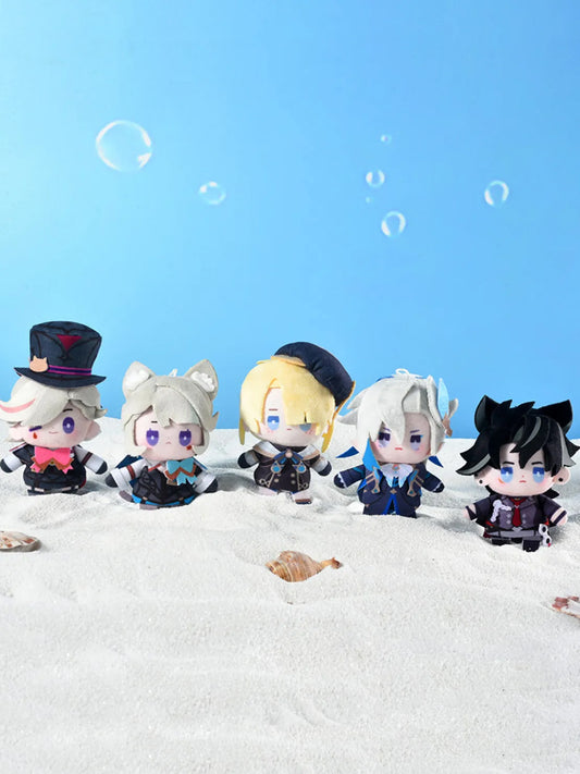 A lineup of Genshin Impact Carnival Gathering Series finger puppet keychains, featuring characters like Lyney, Lynette, and Neuvillette, arranged on a sandy beach with a bright blue sky and floating bubbles in the background.