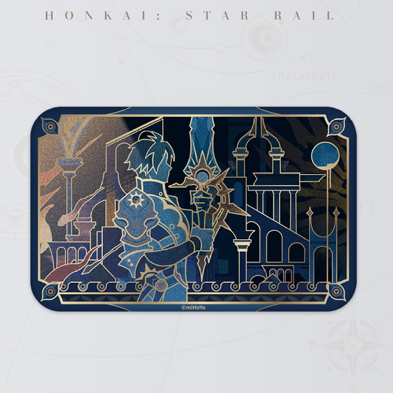 A dark blue badge with a heroic figure standing guard over a grand, gothic-style city. The embossed gold foil outlines the architecture and character, while the reflective base adds a subtle shimmer.