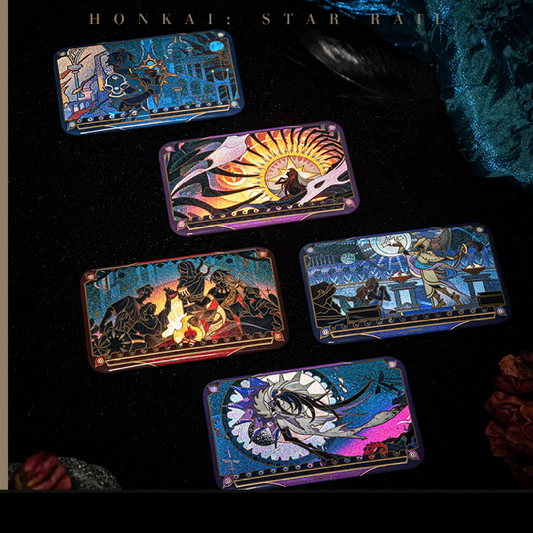 Five rectangular badges from the Recreation Scroll Series are arranged on a black velvet surface, showcasing their reflective paper and embossed gold foil details in a dramatic, low-light setting.