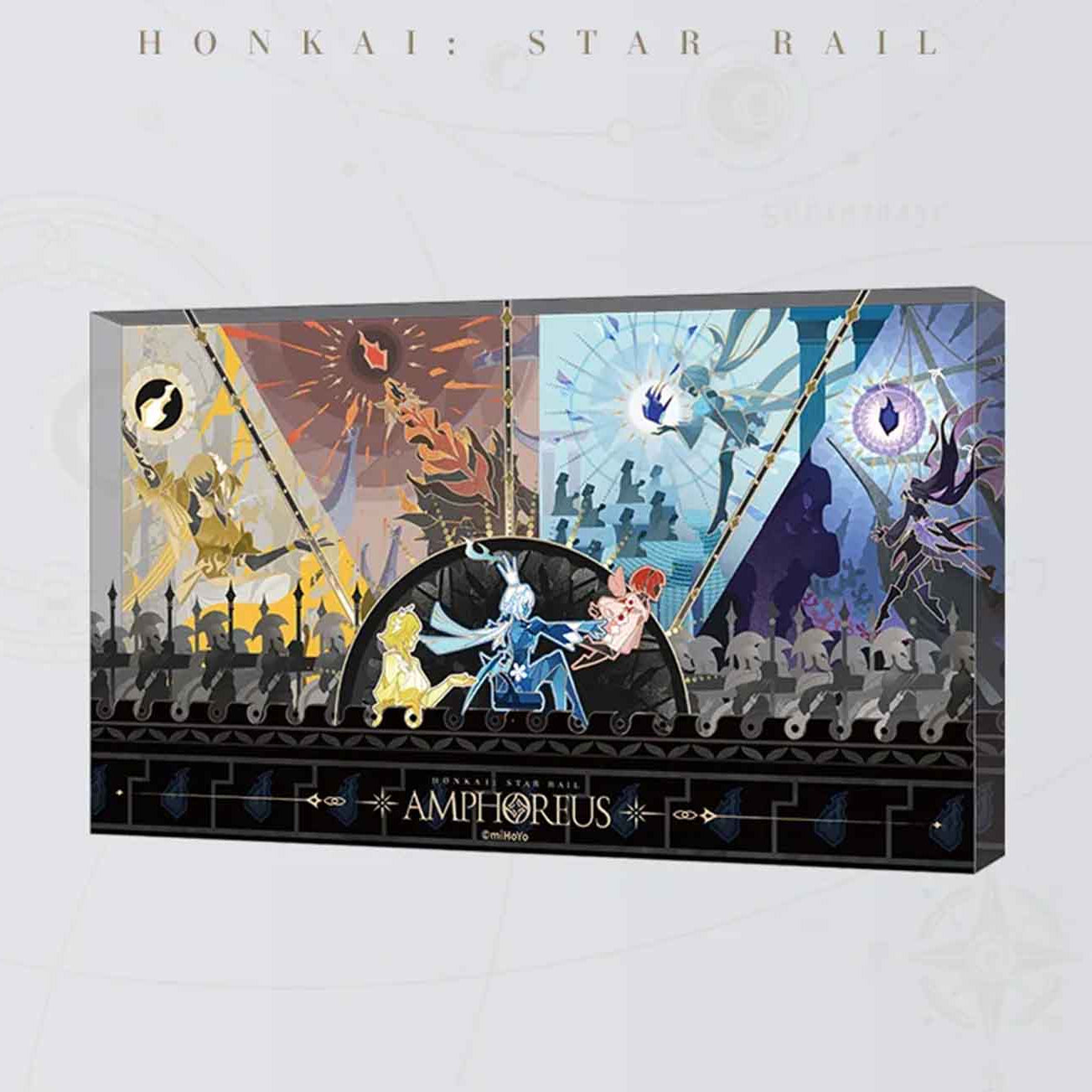A single acrylic stand featuring a vibrant, split-scene design with central characters, surrounded by cosmic motifs and silhouetted armies, labeled “AMPHOREUS”.