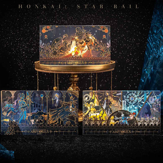 Three acrylic stands from Honkai: Star Rail's Recreation of the Scroll Series are displayed against a starry black backdrop, with one perched on an ornate gold pedestal, showcasing intricate hot-stamped artwork.