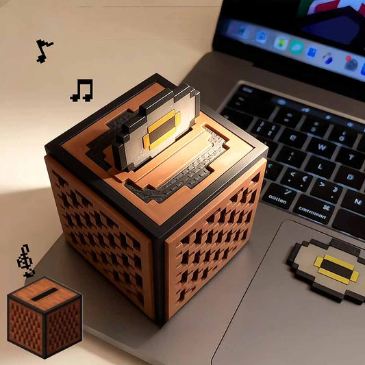 Minecraft Redstone jukebox-style Bluetooth speaker, made of durable plastic with a highly detailed brown block design.