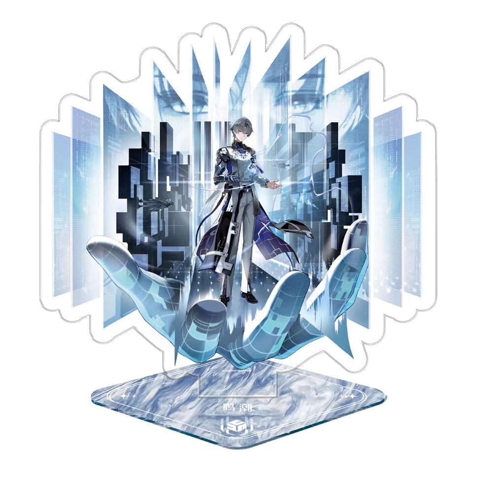 This acrylic standee showcases Xiangli Yao from Wuthering Waves, standing atop a giant translucent hand against a layered, futuristic cityscape. The offset printing on a mica board delivers crisp, vibrant details, creating a dynamic, eye-catching display piece.