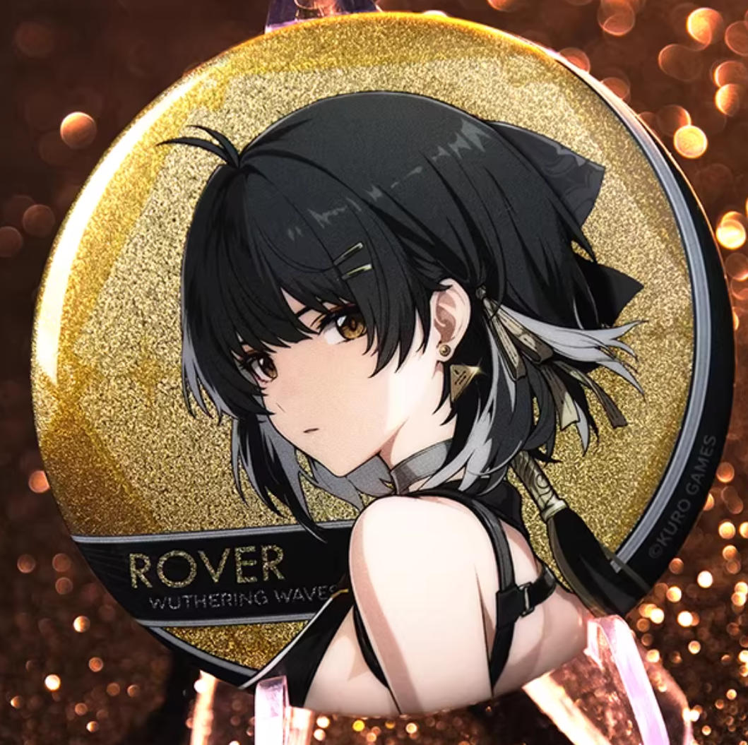 This Wuthering Waves tinplate badge features the female Rover, with a shimmering gold glitter background and a detailed, true-to-game design, finished with offset printing.