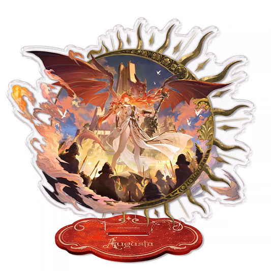 A majestic acrylic standee of Augusta, framed in a sunburst halo, set against a fiery battlefield backdrop, mounted on a red, ornate base.