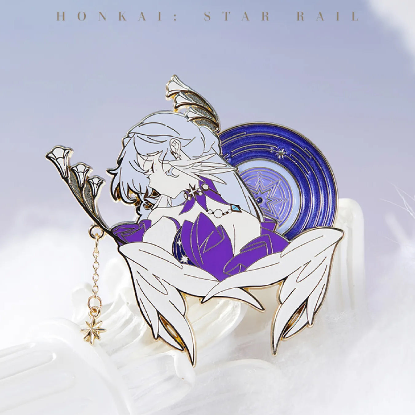 Honkai: Star Rail Robin Theme Impression Series metal pin, crafted from zinc alloy, featuring Robin's character design with gold accents and decorative chain.