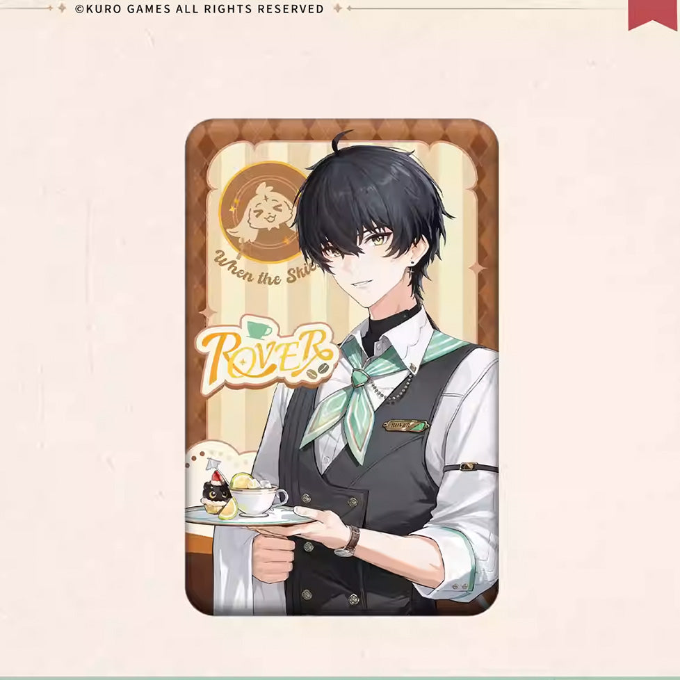 Square badge of male Rover in a café uniform, holding a coffee tray. Golden "ROVER" text and a retro café logo frame the warm, striped background.