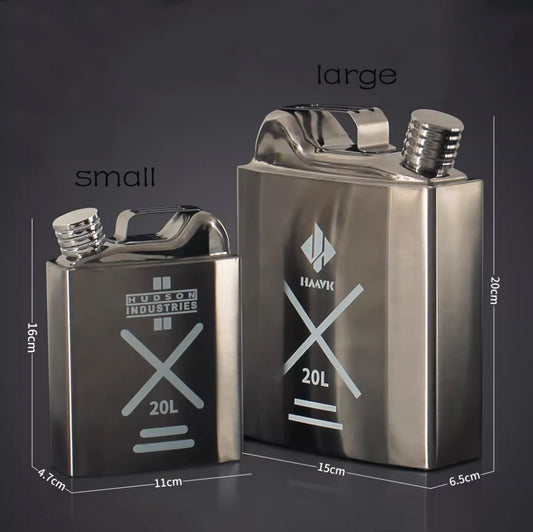 Delta Action rocket fuel water bottles, 304 stainless steel, small (6.3 inches) and large (7.9 inches) sizes, brushed silver finish, dark background.