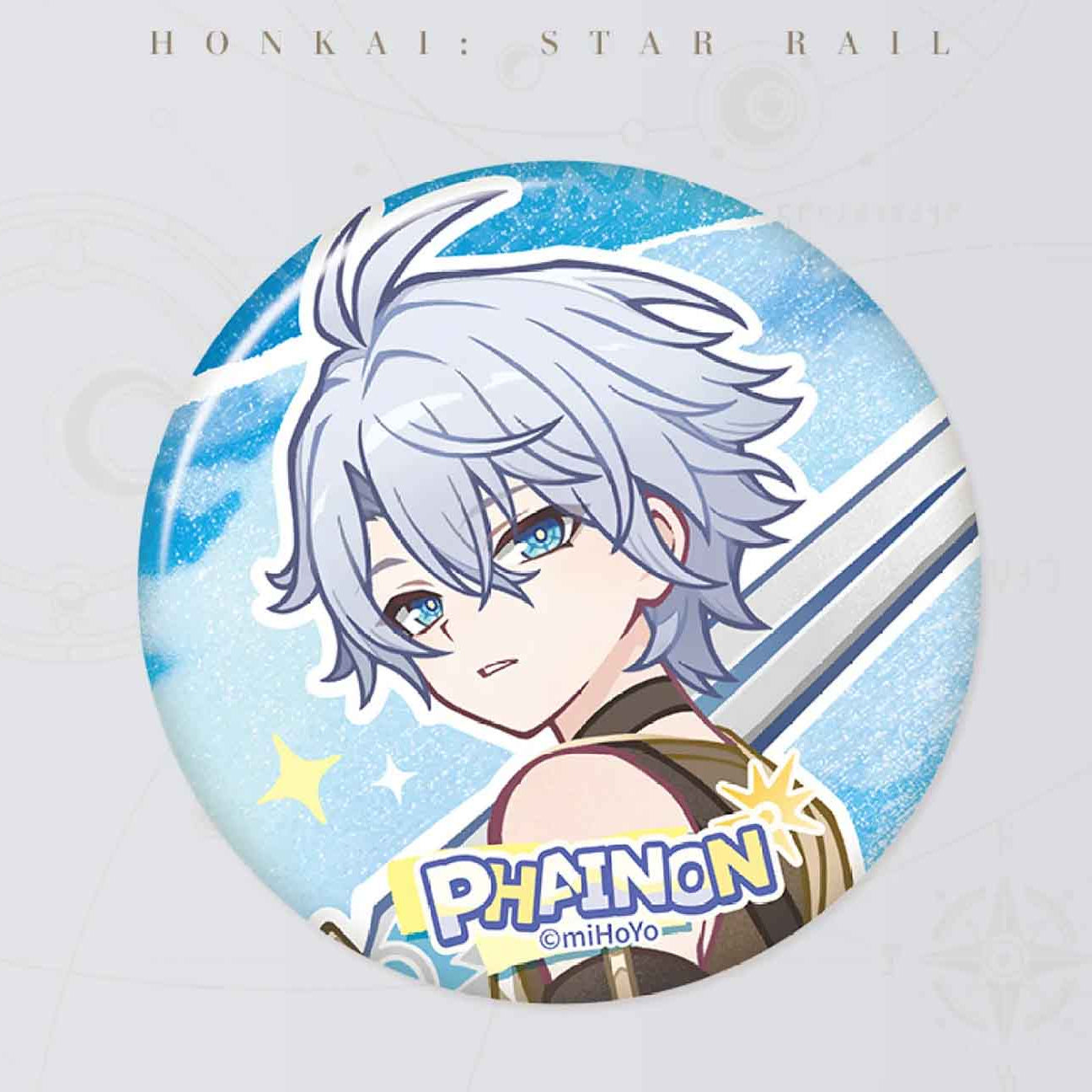 A close-up of Phainon's badge, showcasing a cool, confident gaze against a glittery blue backdrop with striped accents and his name in vibrant text