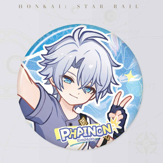 A close-up of Phainon's badge, showing him in a casual purple shirt making a peace sign, with a glittery blue backdrop and his name in bold lettering.