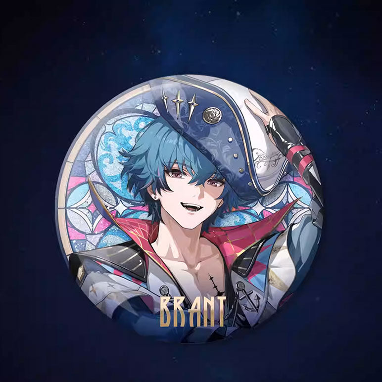 A holographic badge of Brant, with a colorful stained-glass background, his blue hair and pirate hat, and a shimmering silver double-flash effect.