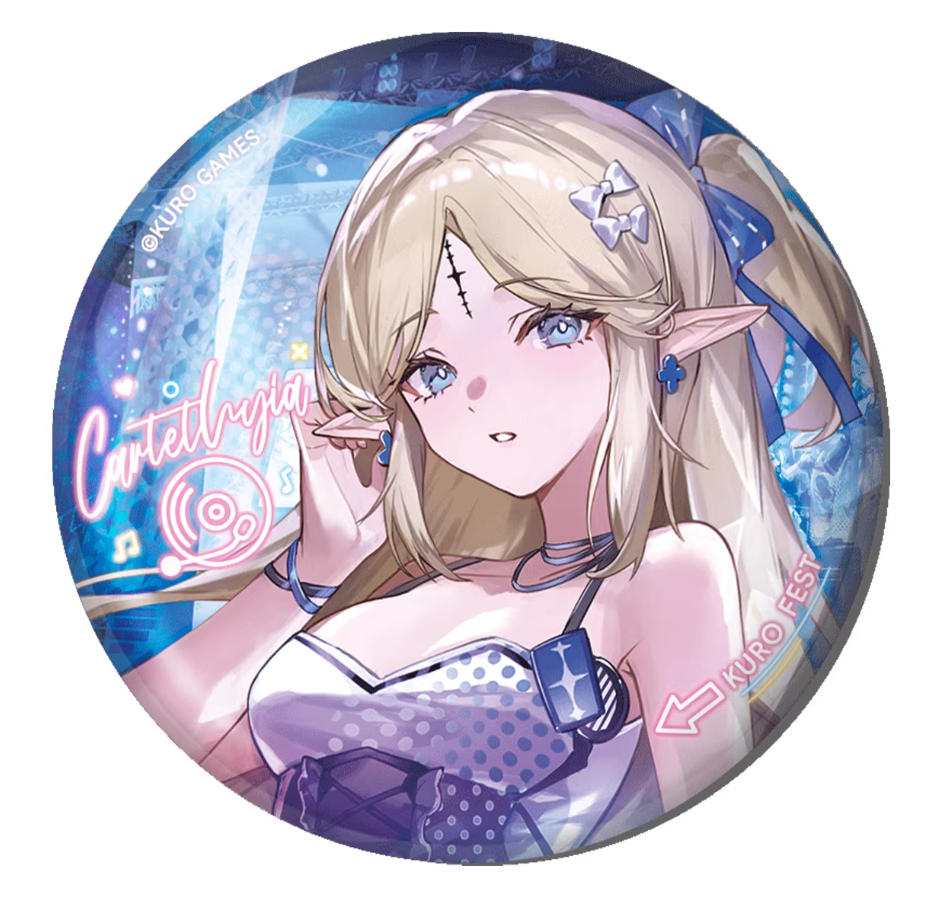 This 65mm tinplate badge showcases Cartethyia from Wuthering Waves, with a detailed concert art style and a dual glitter effect that shifts beautifully in the light.